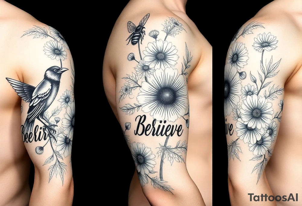 shoulder and three quarter sleeve.  Include crow, honey bee, dandelion puffball, daisy, poppy flower, hawaii flower, dragon flower, the word believe, sprite fairy, dog wood flower, dates: 01/20/85, 5/31/91, 6/10/99, surrounded by floral ornaments and leaves tattoo idea