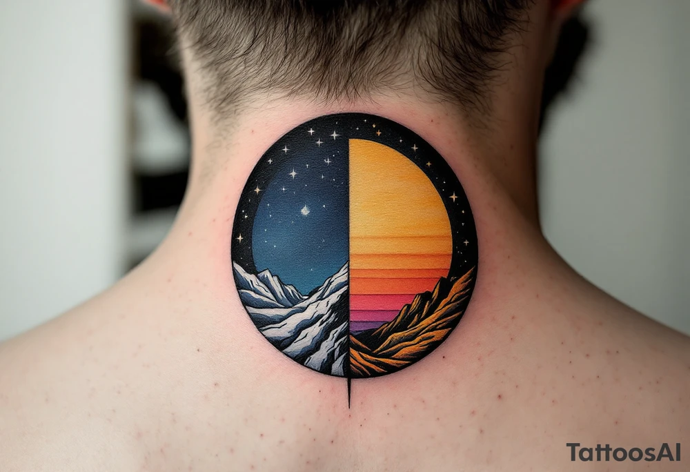 A circle divided into half night (deep navy and stars) and half day (golden sunrise hues). tattoo idea
