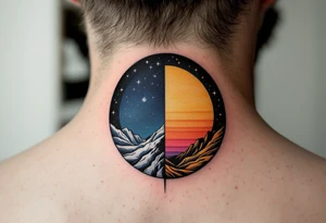 A circle divided into half night (deep navy and stars) and half day (golden sunrise hues). tattoo idea