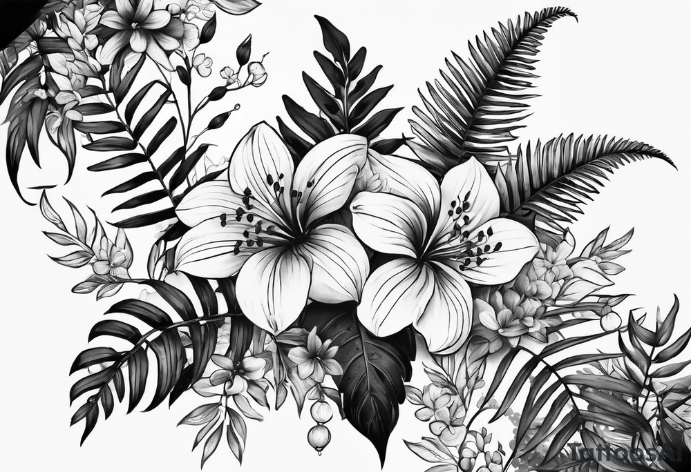 Fern leaf and flower tattoo idea
