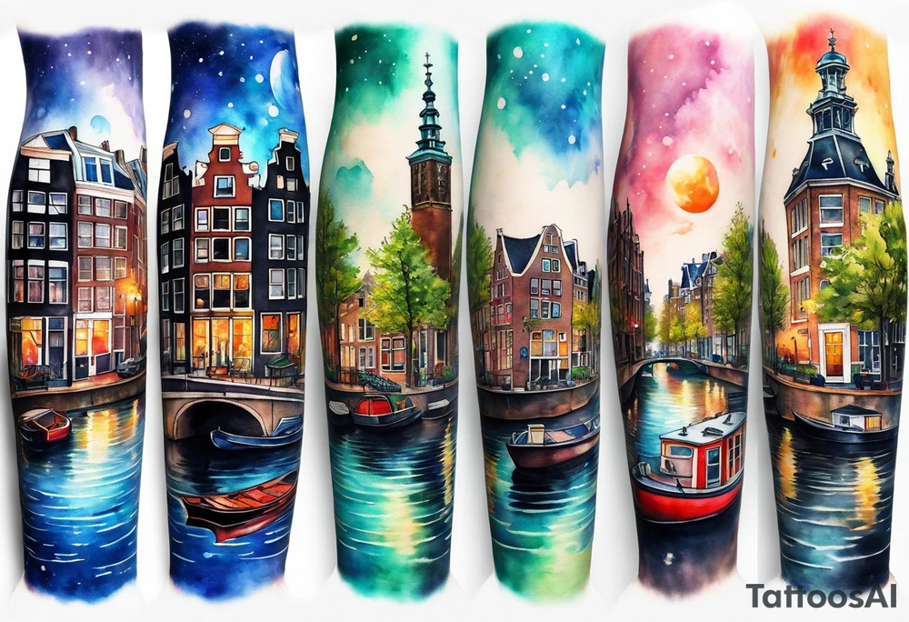 Watercolour style arm tattoo of Amsterdam canal in space featuring wildlife, stag deer and pineapples tattoo idea