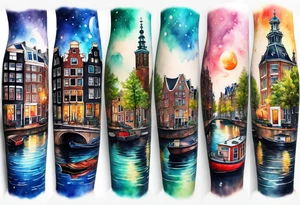 Watercolour style arm tattoo of Amsterdam canal in space featuring wildlife, stag deer and pineapples tattoo idea