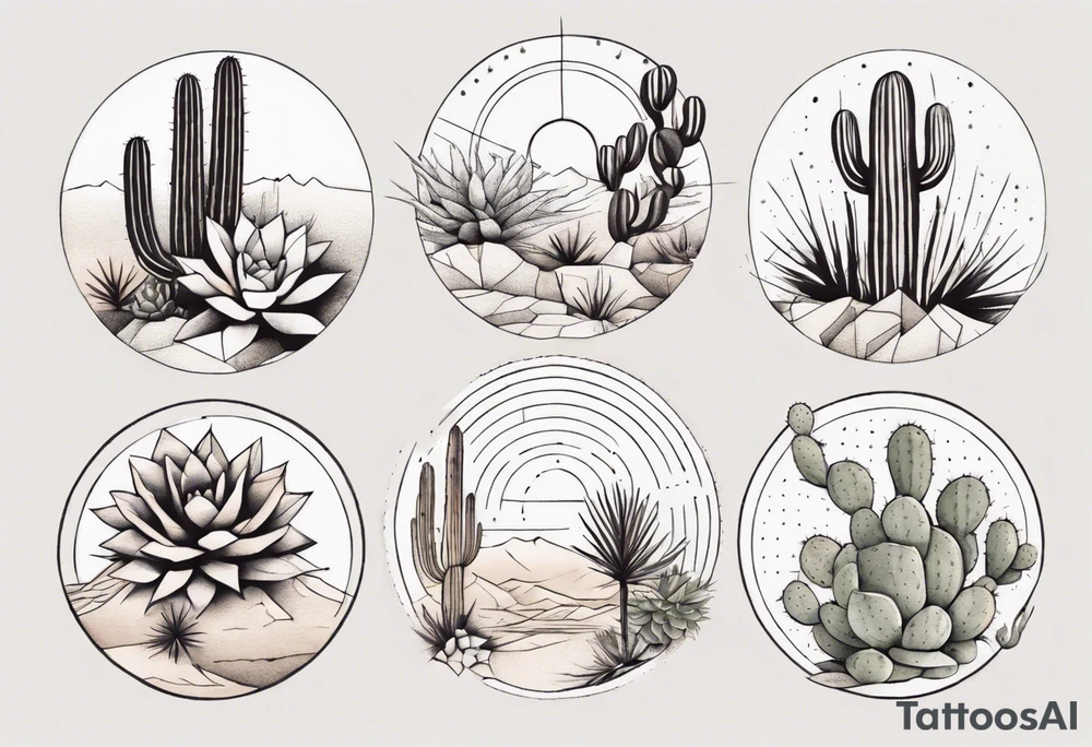 Leg tattoo, desert flora, geometric shapes, high quality, detailed linework, black ink, minimalist style, warm desert tones, precise shading, cacti, succulents, triangles, circles, intricate patterns, professional, clean design tattoo idea