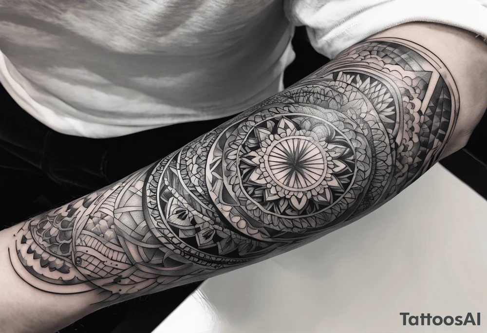 Men’s black and grey sleeve design tattoo idea
