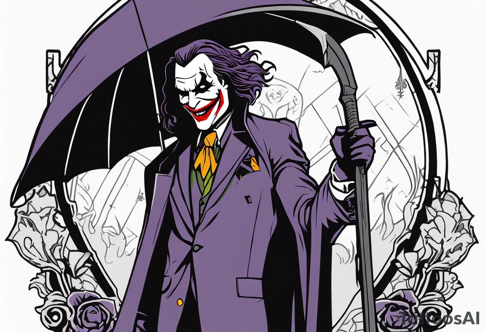 the joker as the grim reaper, shooting a gun and holding the scythe behind his back. He is wearing a suit and trench coat that looks like a cloak. He is standing in a graveyard, but there playing cards as the gravestibes, tattoo idea