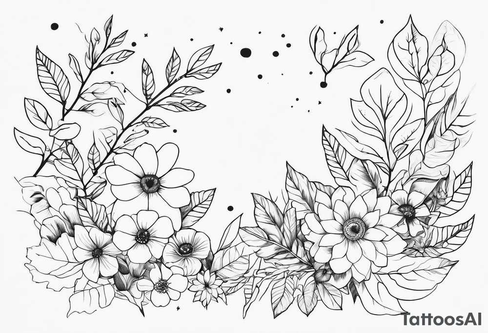 fine line flowers surrrounded by leaves and branches tattoo idea