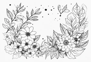 fine line  flowers surrrounded by leaves and branches tattoo idea