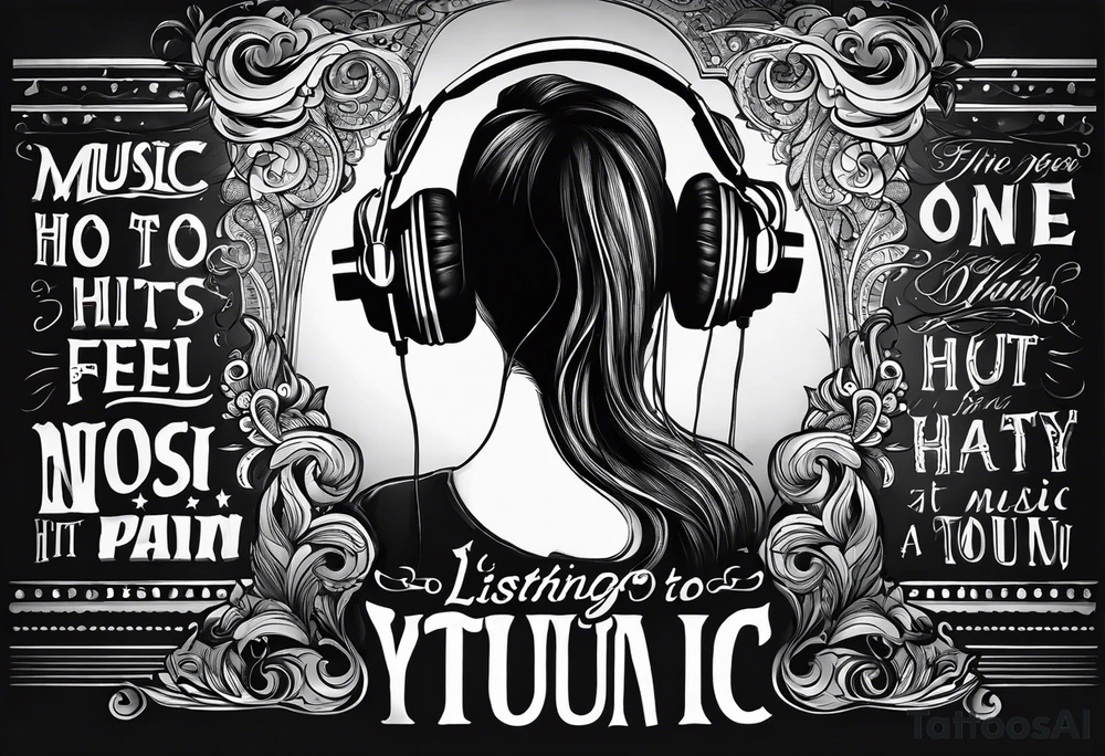 This quote “One good thing about music is when it hits you, you feel no pain” as a shadow from a girl listening to music along a dark road tattoo idea