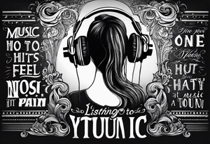 This quote “One good thing about music is when it hits you, you feel no pain” as a shadow from a girl listening to music along a dark road tattoo idea
