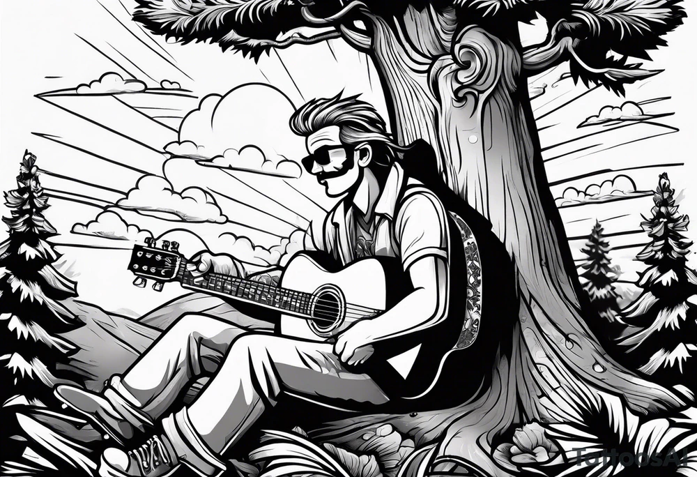 a cartoon drawing of a man sitting in a pine tree playing electric guitar tattoo idea