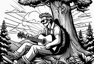 a cartoon drawing of a man sitting in a pine tree playing electric guitar tattoo idea