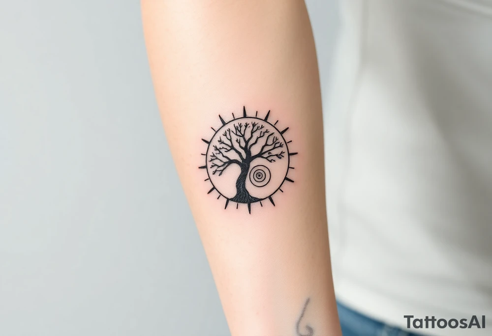 Tree inside of a spiral Fibonacci spiral sun tattoo idea