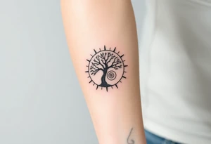 Tree inside of a spiral Fibonacci spiral sun tattoo idea