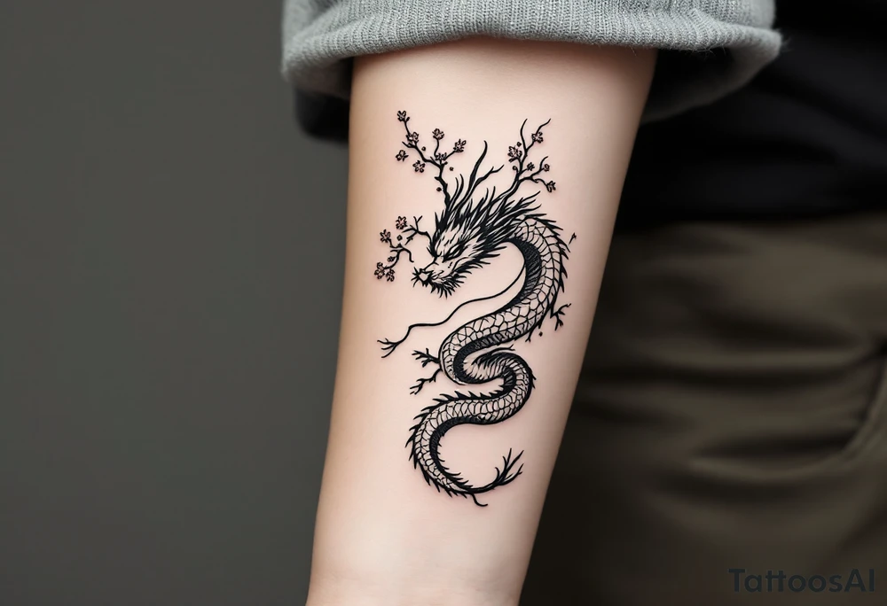 dragon japanese style sakura trees 
front view tattoo idea