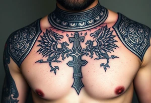 A close-up of an ornate Templar knight’s breastplate, with detailed engravings of dragons and templar cross tattoo idea