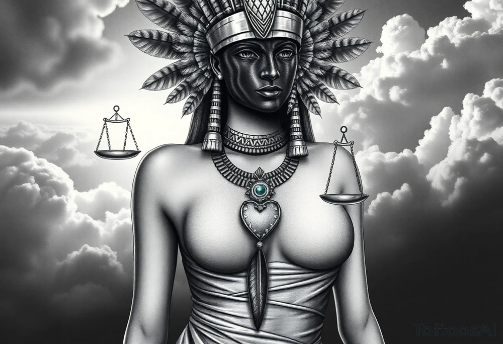 Beautiful Egyptian goddess with a curvy body and breasts covered by a slim dress. She is wearing an ostrich feather headdress, and intricate ancient Egyptian jewelry the Anhk necklace. Background includes something similar to heaven. Incorporate the Scales of Justice—one side holding a heart, the other Ma’at’s feather—glowing with ethereal energy. Emphasize dramatic lighting, deep shadows, and surreal, mystical atmosphere tattoo idea