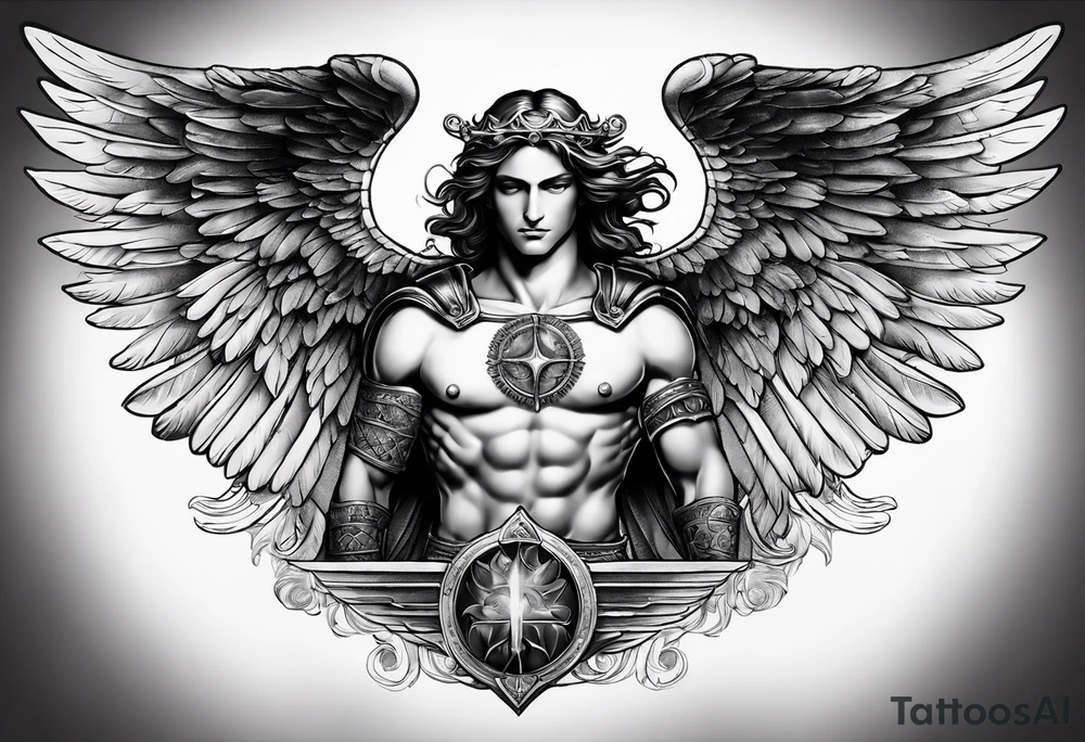 a chest piece that slightly subtly extends to left shoulder
archangel michael with a mix of davinci style tattoo idea