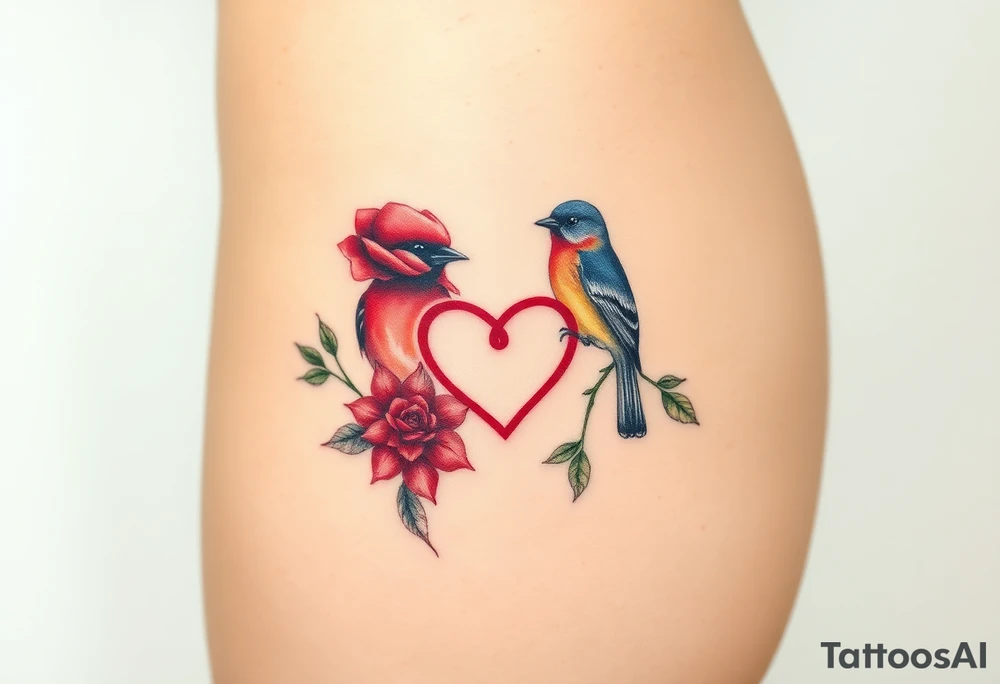 Small red rose and red robin with a infinity heart on hip tattoo idea