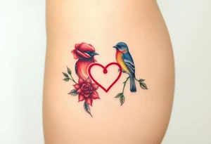 Small red rose and red robin with a infinity heart on hip tattoo idea