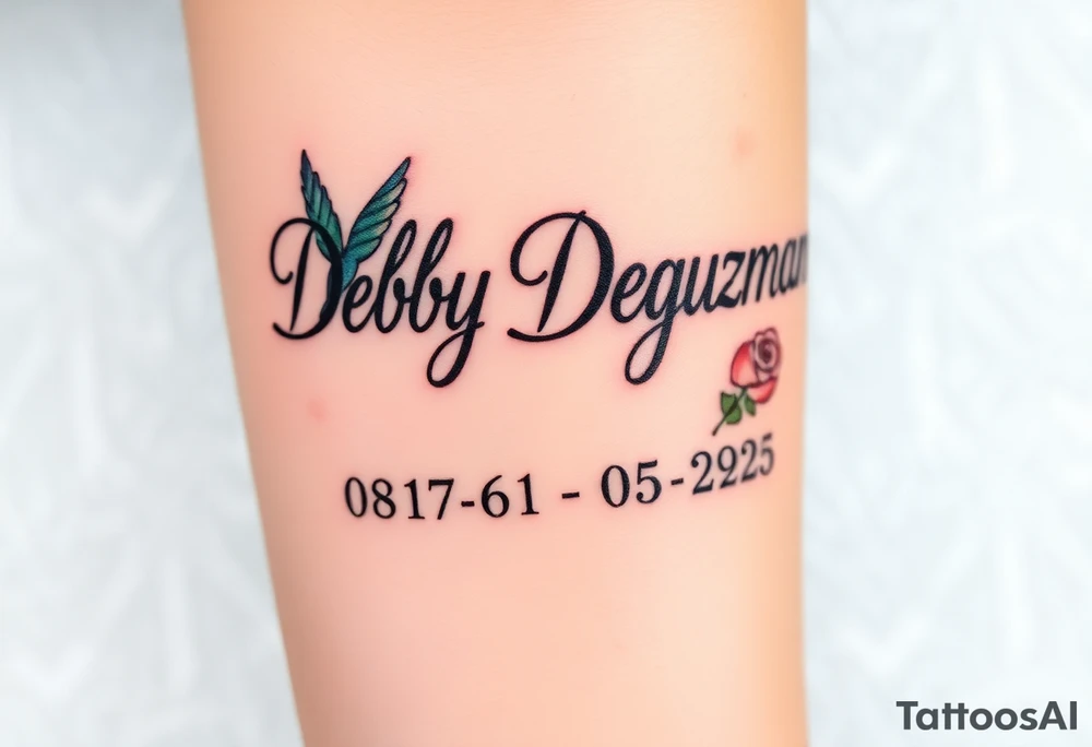 Tattoo of the name Debby Deguzman in chunky bold curly cursive with the exact dates of 08/17/61-05/29/25 surrounded by 1 hummingbird and 1 rose tattoo idea