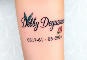 Tattoo of the name Debby Deguzman in chunky bold curly cursive with the exact dates of 08/17/61-05/29/25 surrounded by 1 hummingbird and 1 rose tattoo idea