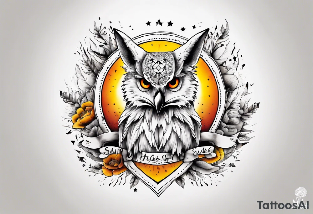 halb 
Fuchs halb Eule unter der Sonne mit dem Schriftzug Sapere Aude tattoo idea