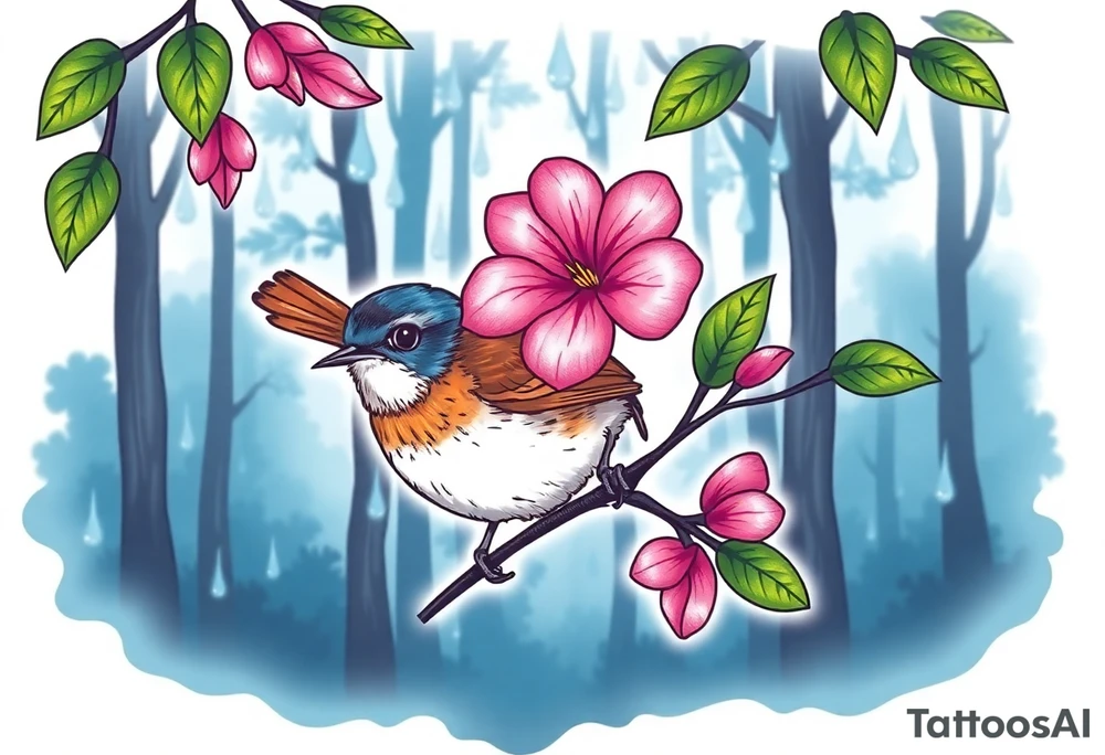 forest background
blue rain drops
pink camelia flower
blue and brown wren bird tattoo idea
