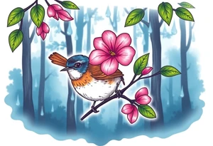 forest background
blue rain drops
pink camelia flower
blue and brown wren bird tattoo idea