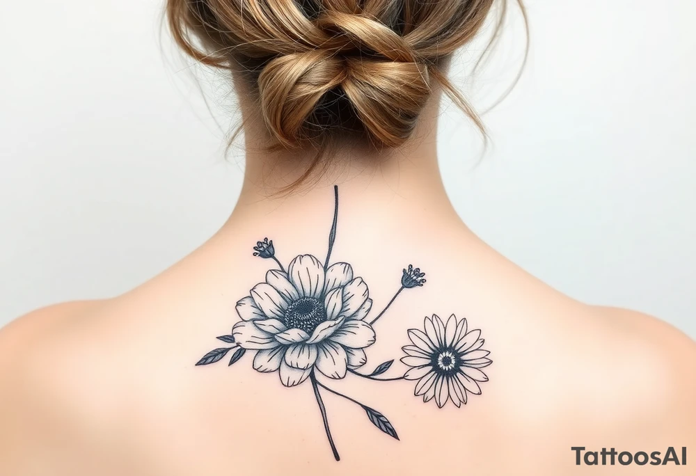A mix of black and white outline and colored flowers including a carnation and daisy tattoo idea
