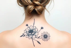 A mix of black and white outline and colored flowers including a carnation and daisy tattoo idea