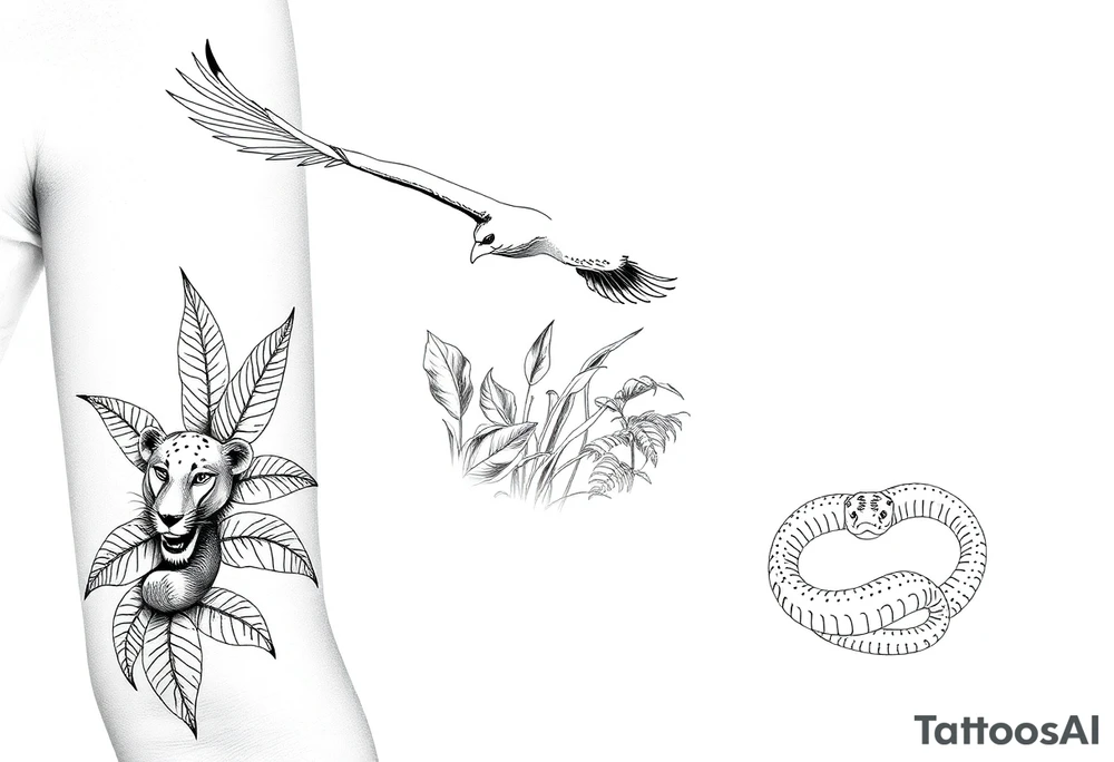 Fine line tattoo: Andean condor flying above Amazon rainforest, amongst the tropical foliage is a puma hiding with only its face exposed, towards the floor of the rainforest is a snake, also mostly hidden behind plants but its head and parts of its body are exposed. tattoo idea