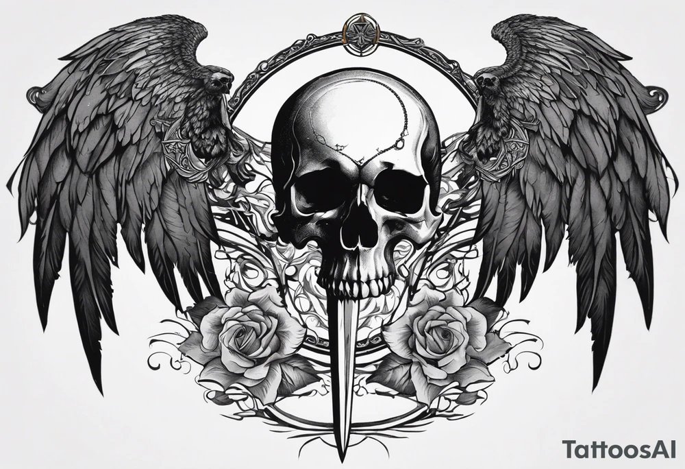In the center is a skull pierced by a large sword. On either side of the skull, there are spread angel wings, creating an impression of protection and majesty. Beneath the skull is a ribbon that weaves through both the skull and the sword, imparting unity and linking all the elements together. tattoo idea