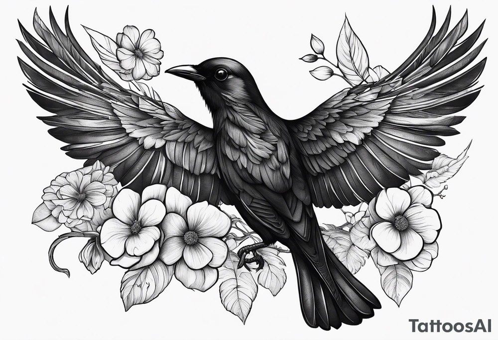 A black bird with its wings open on a branch with flowers tattoo idea