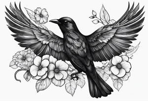 A black bird with its wings open on a branch with flowers tattoo idea