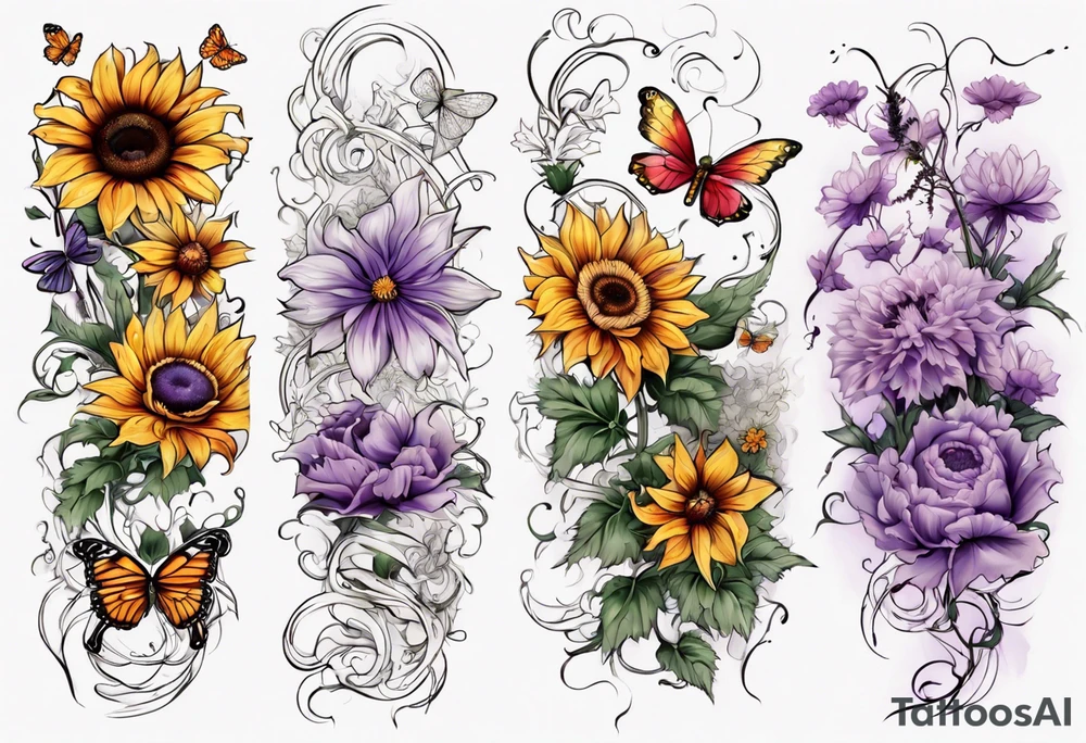 Arm sleeve, sunflowers, dragonflies, three cosmos flower, one violet, one carnation, vines , leaves and butterflies tattoo idea