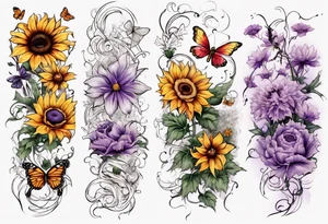 Arm sleeve, sunflowers, dragonflies, three cosmos flower, one violet, one carnation, vines , leaves and butterflies tattoo idea