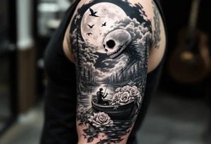 jack skellington smoking and fishing, on a boat of roses, cloudy sky, full moon, birds,pine trees, river tattoo idea