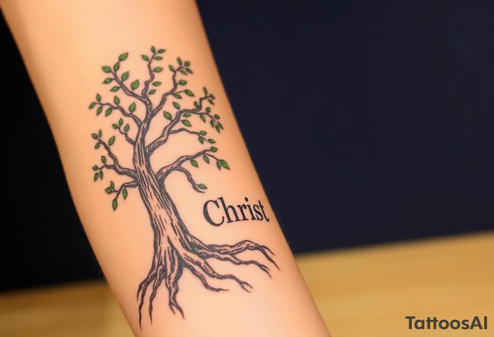 Tree of life. 
Start at your elbow: the trunk begins there—thick, about half an inch wide at the base, bark textured with short, vertical lines so it looks real. It climbs straight up your outer bicep, narrowing just a touch as it goes.
Halfway up—right where your arm bends—two main branches split off. One curves forward toward your shoulder, thinning out into three delicate fingers, each ending in a tiny leaf. The other swings back toward your tricep, shorter, just two leaves—like it’s reaching but not grabbing.
Above that? Nothing. Just your skin, open sky. No birds, no cross—just breathing room.
Now the roots: from the elbow, they fork down like veins. One thick root spirals clockwise around the inside of your forearm—starts fat, then thins—curls twice before disappearing under your wrist. The second root heads straight down the middle, splitting into three smaller ones that fan out like fingers.
Here’s where the words live:
•  “Christ” sits dead center on the thickest root—tall, blocky letters, maybe an old English feel, like carved wood.
•  “Faith” wraps the clockwise root, right where it curves—script font, slanted, flowing like a ribbon.
•  “Strength” on the straight-down root, bold and angular—almost like it’s punched into the bark.
•  “Integrity” on the first little split-off, smaller, tight—sharp edges.
•  “Loyalty” on the second split, looped and soft—like a vow.
•  “Respect” curls under “Loyalty,” half-hidden unless you twist your arm.
•  “Honesty” on the third split, straight and clean.
•  “Family” weaves between two roots—like it’s holding them together.
•  “Honor” sits lowest, near your wrist—grounded, solid.
•  “Help Meet” rides the outer edge of the clockwise root—tiny, intimate, almost whispered.
All black ink. No outlines—just fine lines and shading. Trunk gets a little cross-hatch for depth. Roots get shadow underneath so they look like they’re sinking into your skin. Words? Crisp, but not perfect—like they grew there.
When you flex, the roots shift, the words breathe. When you rest, they settle—like they’re waiting for you to remember them. tattoo idea