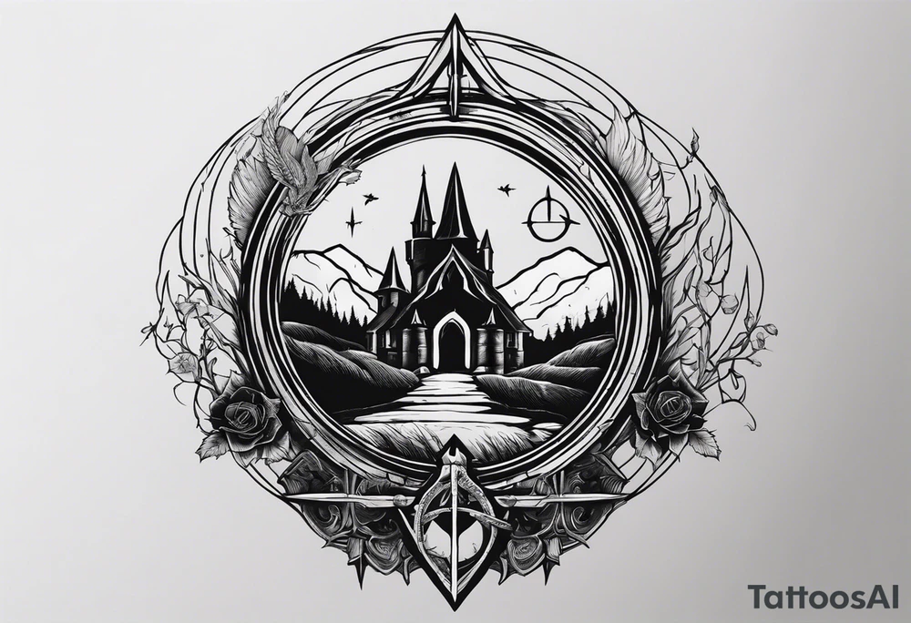 Lord of the rings with Harry Potter incorporated but clear visual of both movies. Small and minimal. Something like the deathly hallows symbol made out of swords and wizard staff from LOTR tattoo idea