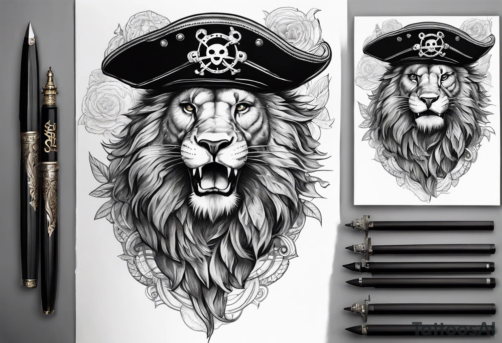 Pirate lion wearing jacket, sword and pistol, nautical steampunk theme tattoo idea