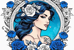 Aphrodite is the goddess of love, with a seaside background, surrounded by birds.. blue roses frames, background blue,present it in a tattoo, black hair, love motives tattoo idea