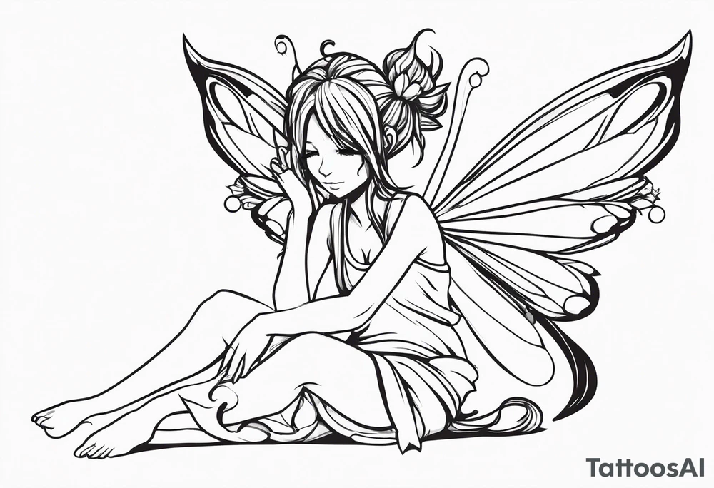 No color sketch of a fairy with a tail inspired by the guild symbol in the anime show called Fairy Tail in a fetal position leaning in and forward while crawled in hugging herself floating with hands a bit forward tattoo idea