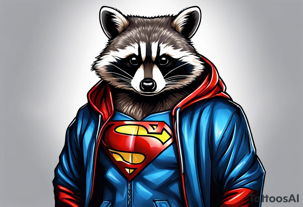 raccoon wearing a Superman hoodie tattoo idea