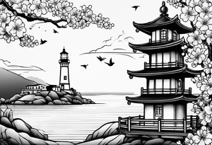 small cherry blossom with lighthouse tattoo idea