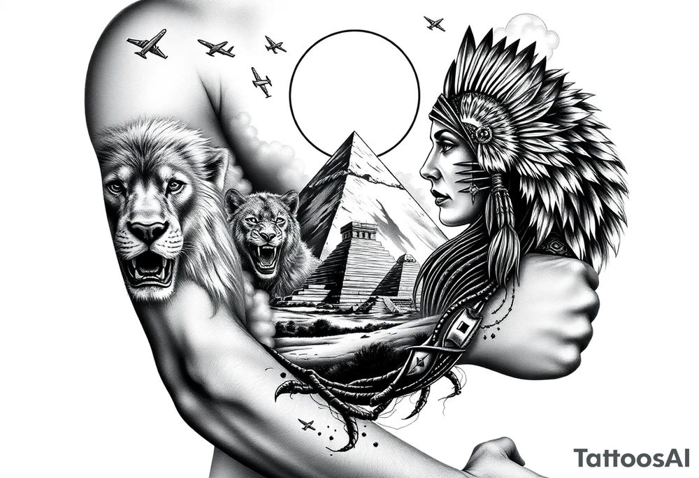 A native indian woman with surrounded by Wolves & Lions behind a Pyramids & mountain with the sun overhead & jets flying in the air & smoke surrounding everything tattoo idea