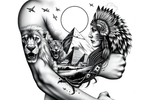 A native indian woman with surrounded by Wolves & Lions behind a Pyramids & mountain with the sun overhead & jets flying in the air & smoke surrounding everything tattoo idea