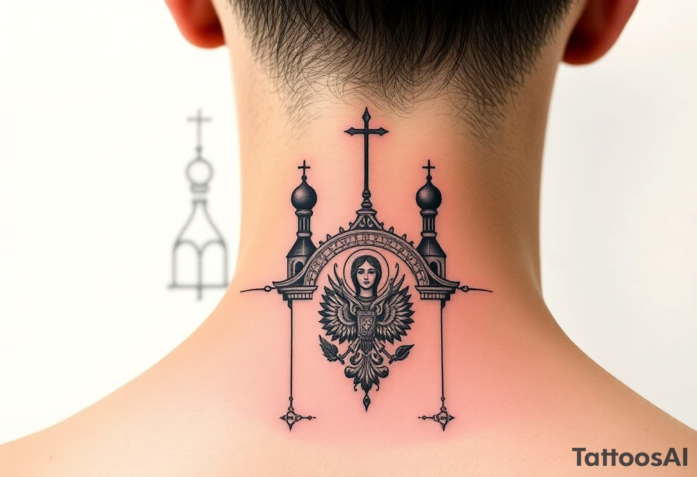 medium sized Russian orthodox church with bulb domes with a prominent russian orthodox coat of arms & virgin mary tattoo idea