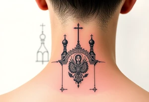 medium sized Russian orthodox church with bulb domes with a prominent russian orthodox coat of arms & virgin mary tattoo idea