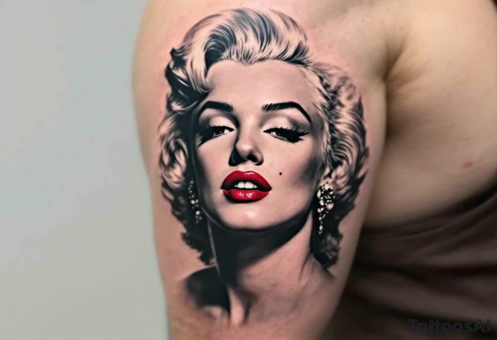 Marilyn Monroe portrait in black and grey realism with red lips and subtle pink blush on her cheeks. tattoo idea