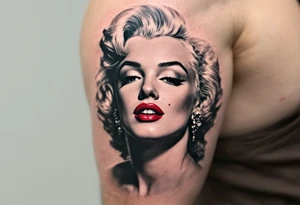 Marilyn Monroe portrait in black and grey realism with red lips and subtle pink blush on her cheeks. tattoo idea
